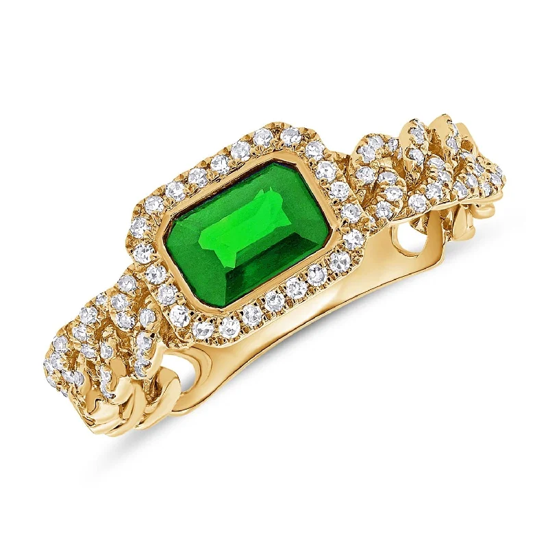 Women wedding and engagement rings -14k Gold Green Emerald & Diamond Link Ring