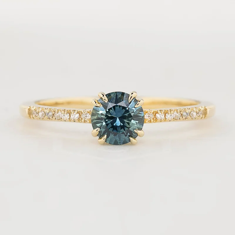 Simple engagement rings for women -Sabrina Ring 0.71ct Blue Green Round Montana Sapphire, 14k yellow gold (One of a kind)