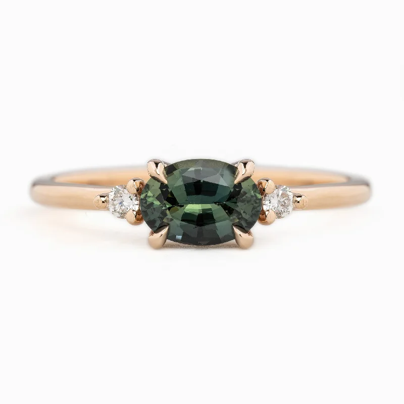 Engraved gemstone engagement rings for women -Emilie Ring 0.88ct Green Madagascar Sapphire, 14k Rose Gold (One of a kind)