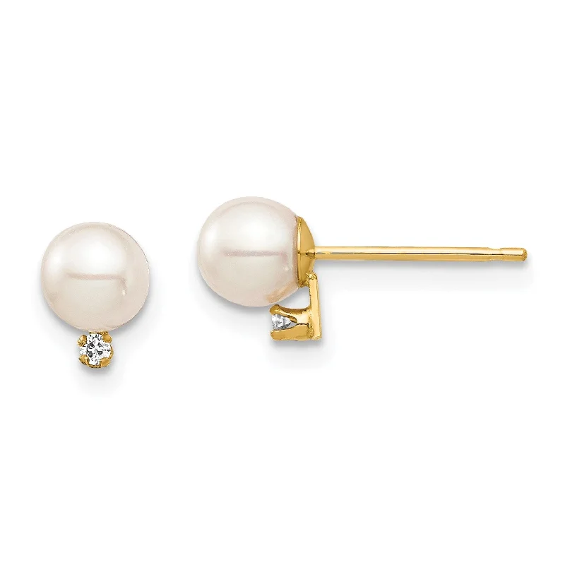 Women gemstone hoop earrings -4MM Round Pearl and Diamond Stud Earrings in 14KT Yellow Gold