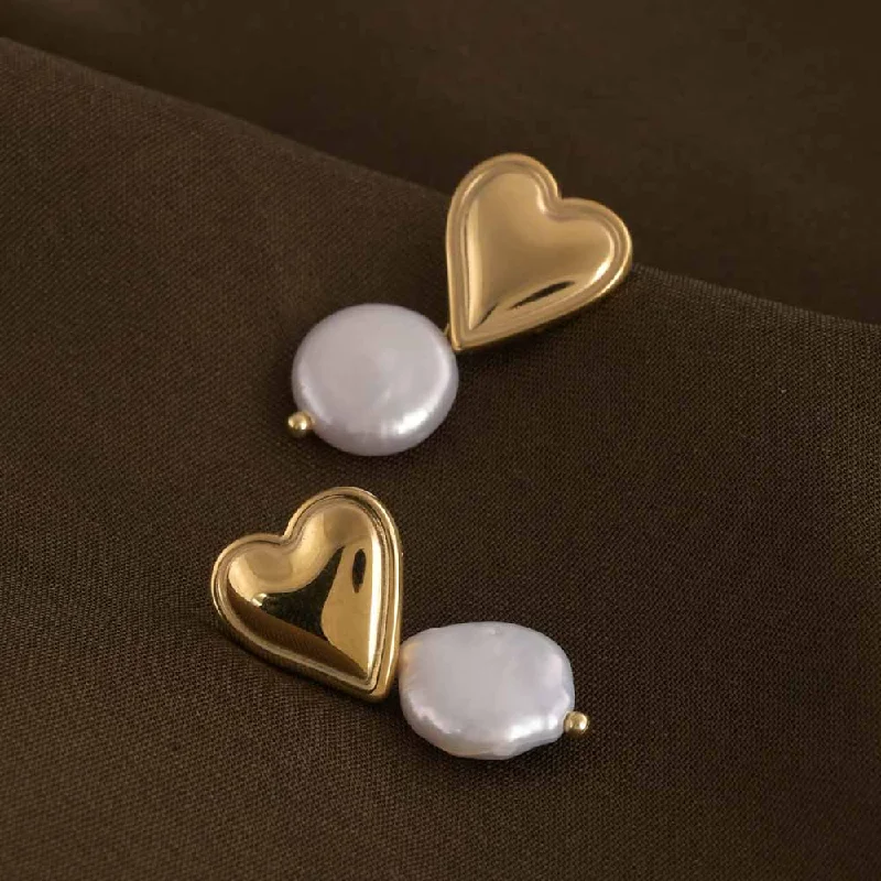 Women mixed metal earrings -Dangling Pearl Heart Earrings