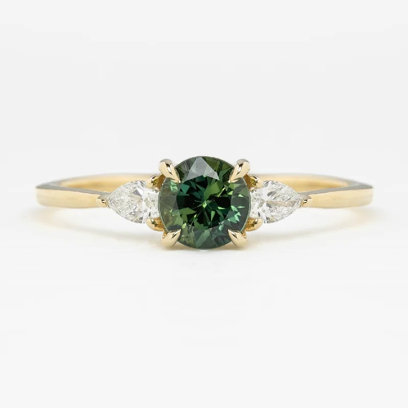 Engraved engagement rings for women -Olivia Ring Green Round Queensland Sapphire Ring, 14k Yellow Gold