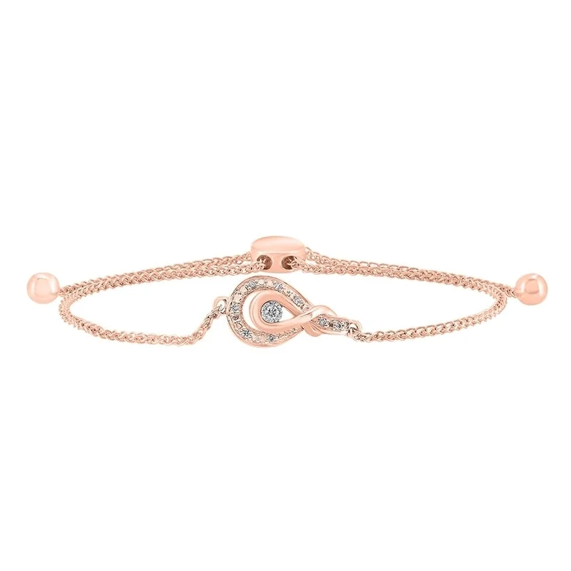 Women floral charm bangles and bracelets -Diamond Twisted Love Knot Bolo Bracelet in Rose Gold & Silver - Adjustable