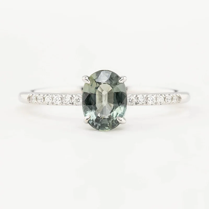 Birthstone engagement rings for women -Audrey Ring - 1.01ct Light Green Unheated Sapphire, 14k White Gold (One of a kind)