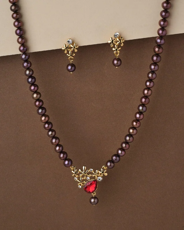 Adjustable necklaces for women -Trendy Brown Pearl Necklace Set