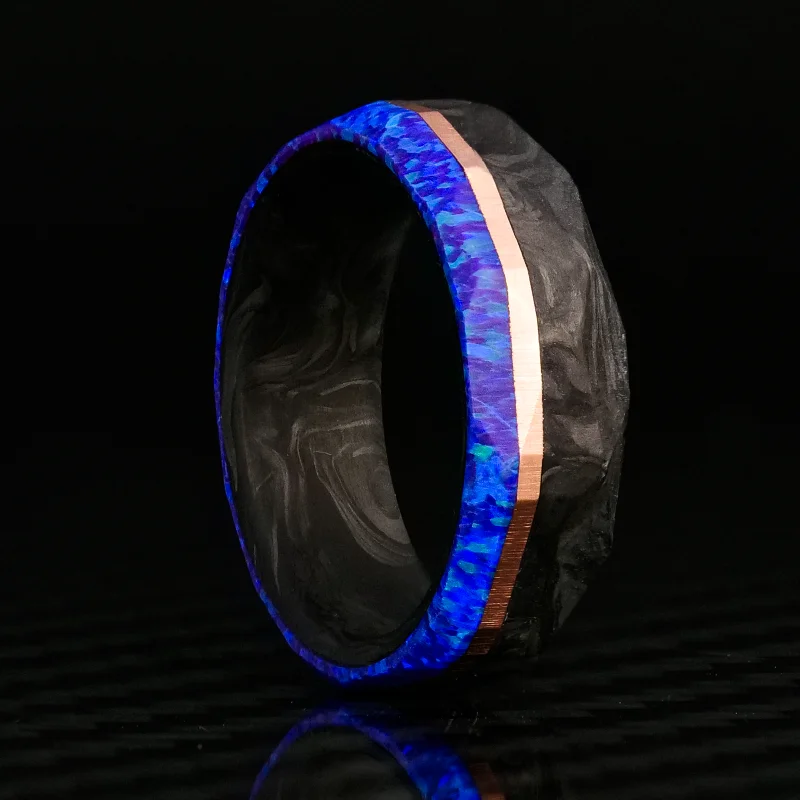 Women classic silver rings -Faceted Forged Carbon Fiber, Gold, and Opal Ring