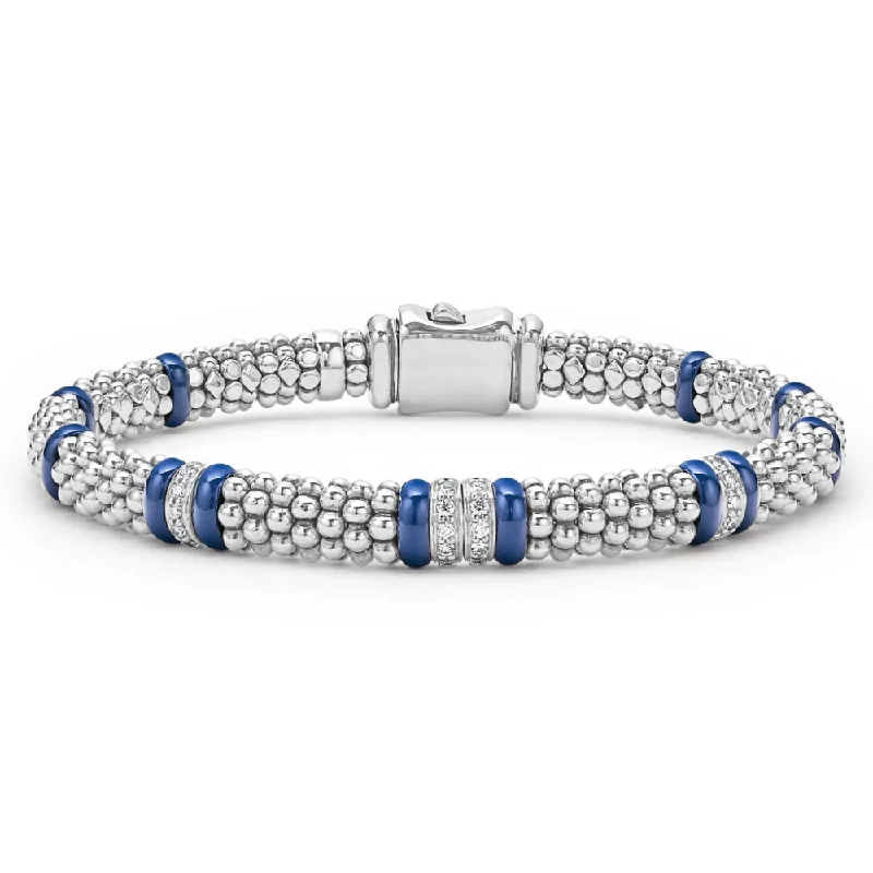 Women silver cuff bangles and bracelets -Lagos Blue Caviar 6mm Four Station Diamond Caviar Bracelet