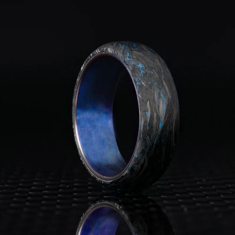 Women double band rings -Blue Burl Carbon Fiber Ring with Anodized Titanium Liner