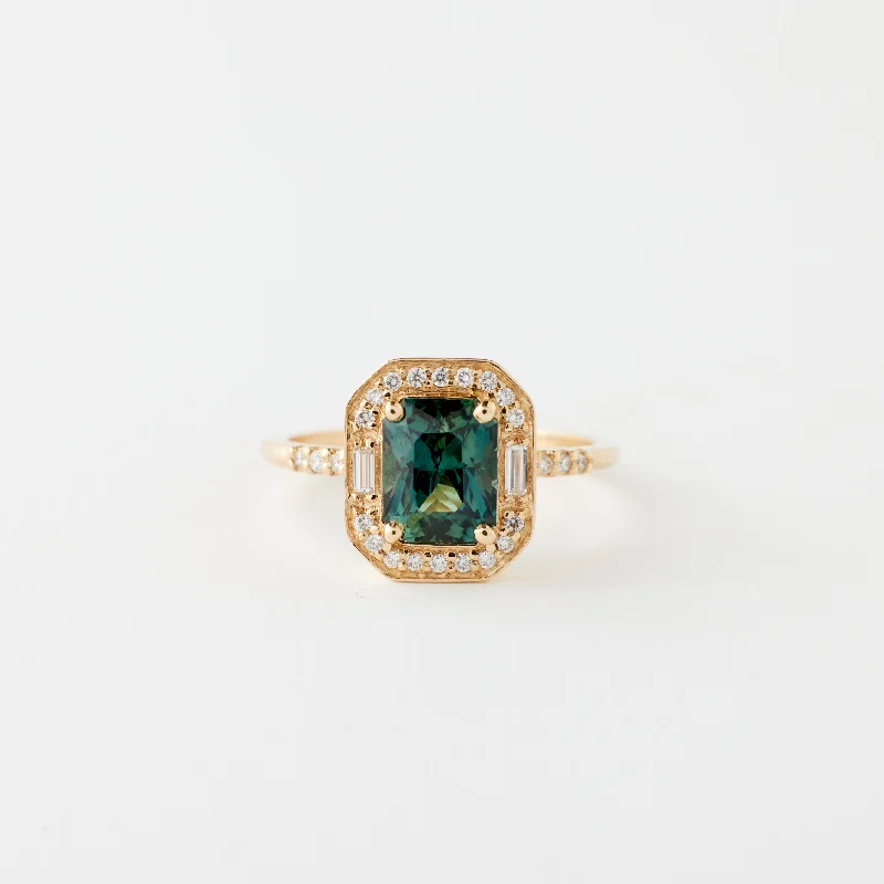 Silver engagement rings for women -Athena Ring - 1.86 Carat Green-Teal Radiant Sapphire