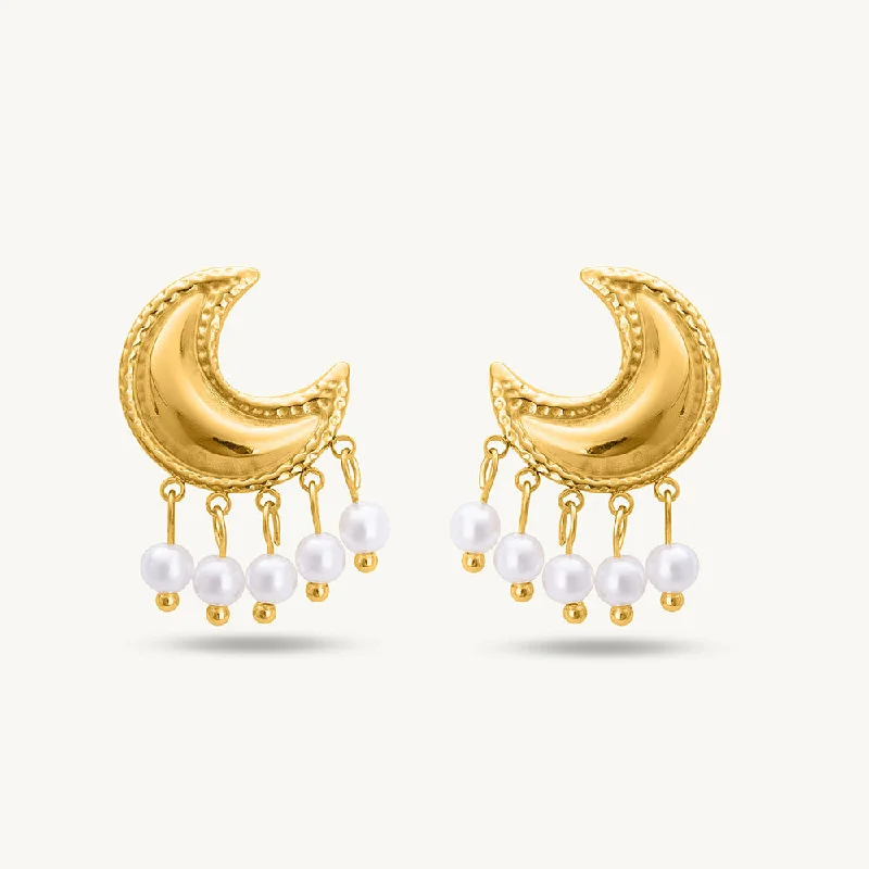 Women chic earrings -Pearl And Moon Stud Earrings