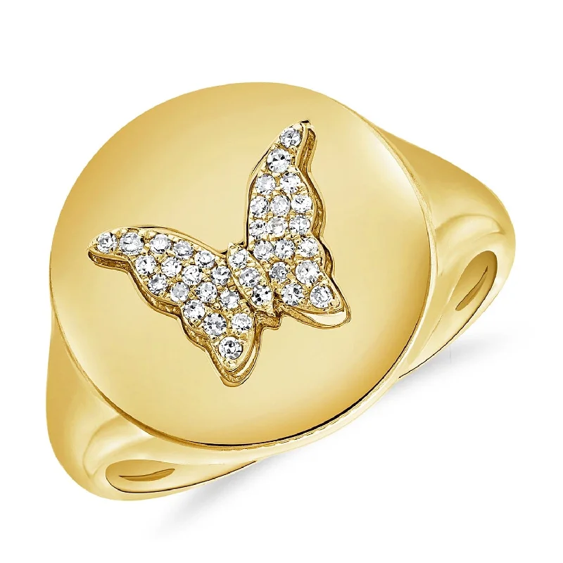 Affordable rings for women -14k Gold & Diamond Butterfly Signet Ring