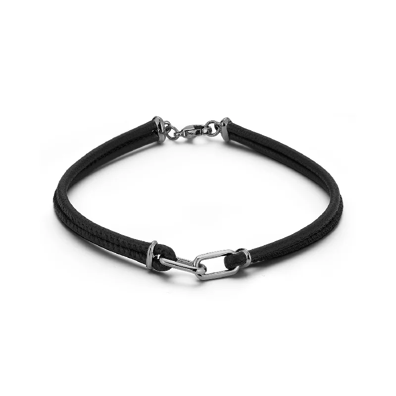 Affordable bangles and bracelets for women -SAXON STERLING SILVER AND BLACK RHODIUM DOUBLE LINK NAPA LEATHER BRACELET