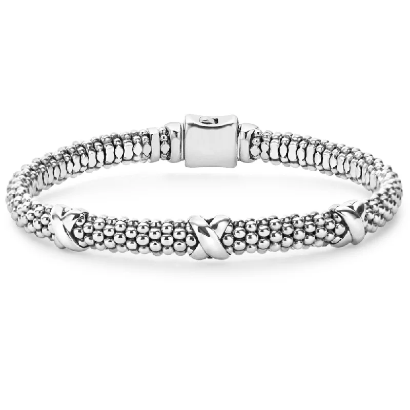 Women customized charm bangles and bracelets -Lagos Silver Three Station 'X' Caviar Bracelet, 6mm