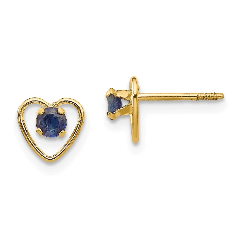 Women bohemian earrings -14KT Yellow Gold 3MM Round Sapphire 6MM Heart Childrens Birthstone Earrings