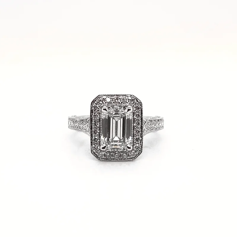 Women birthstone gemstone rings -LADIS 4 Carat Emerald Cut Lab Grown Diamond Engagement Vintage Halo Ring IGI Certified