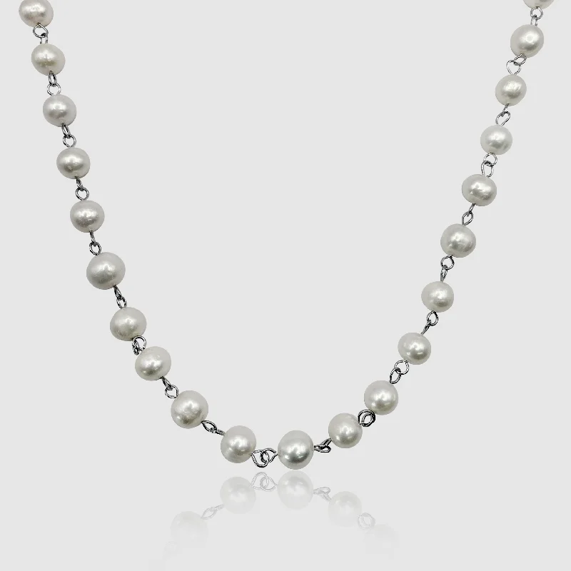 Silver chain necklaces for women -Chained Real Pearl Necklace (Silver)