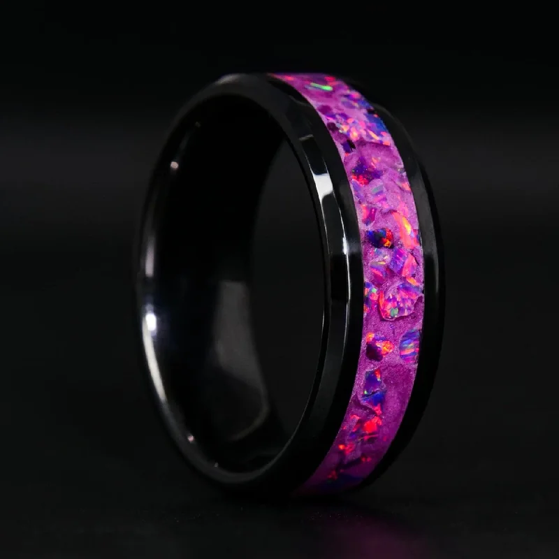 Women stacking gemstone rings -Fuschia Opal Glowstone Ring on Black Ceramic