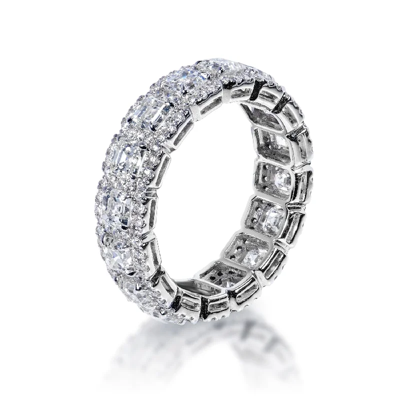 Women wide-band rings -Alia 4 Carat Asscher Diamond With Halos Eternity Band in 18k White Gold Shared Prong