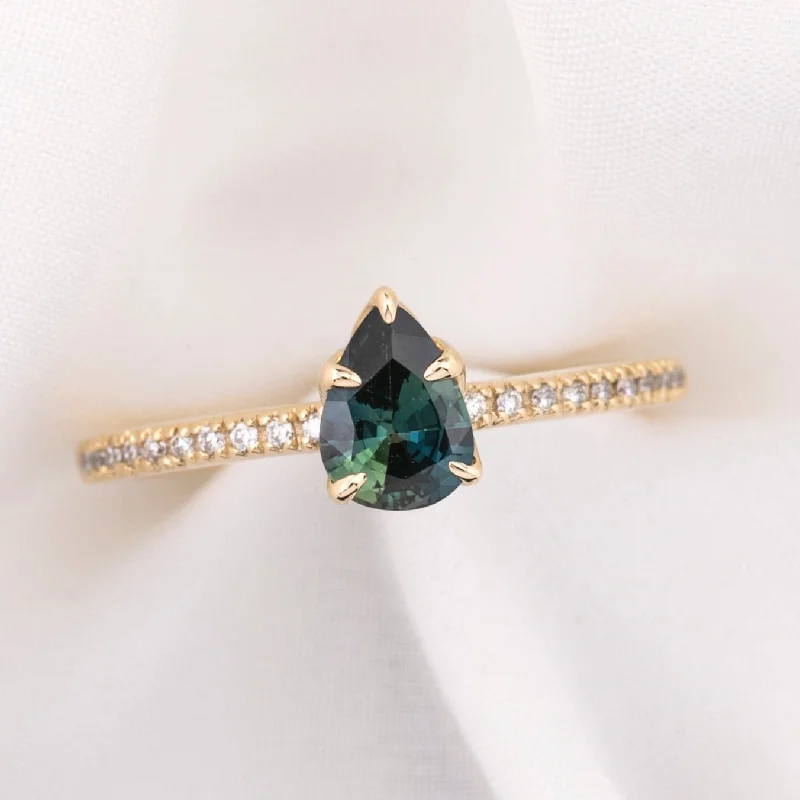 Boho engagement rings for women -Maria Ring 0.63ct Blue Green Madagascar Sapphire, 14k Yellow Gold (One of a kind)