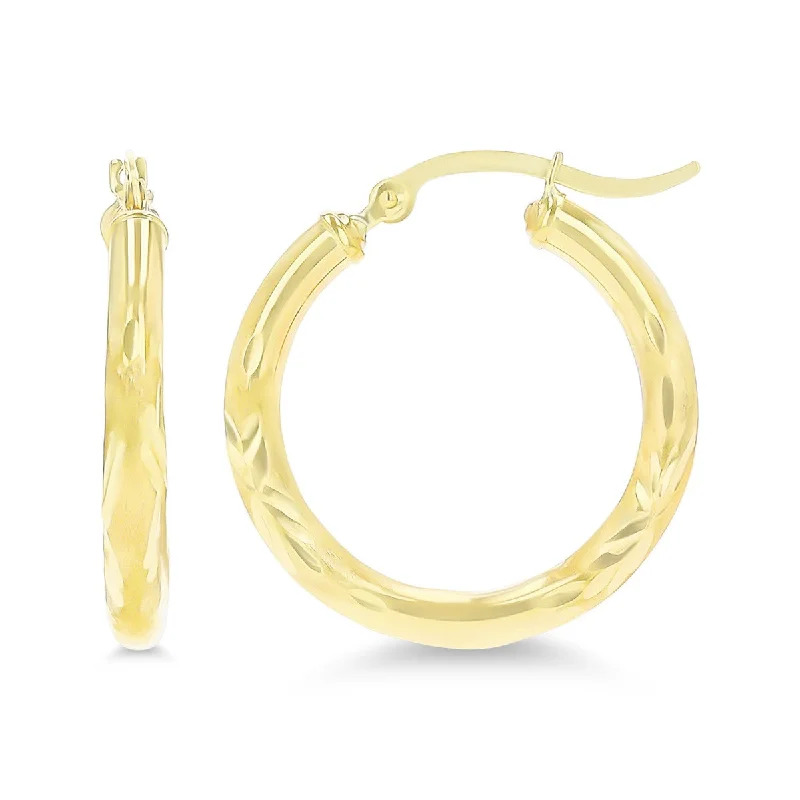 Women geometric earrings -14KT Yellow Gold 3X25MM Hoop Diamond-cut Earrings