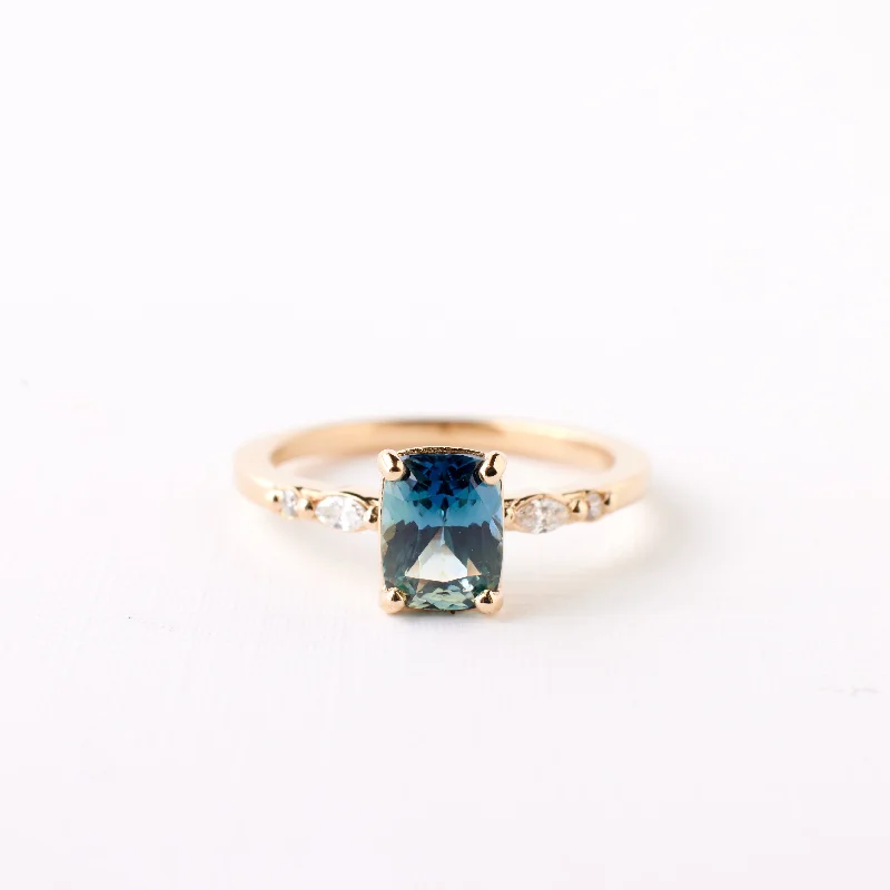 Rose gold cuff engagement rings for women -Nova Ring - 1.63 Carat Blue Teal Cushion Sapphire