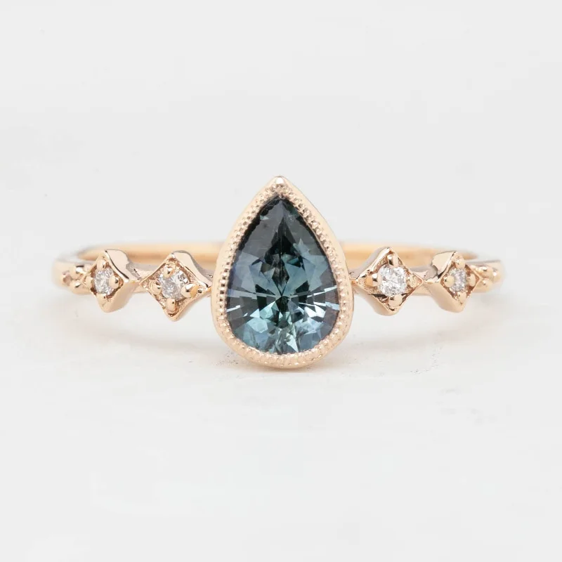 Geometric engagement rings for women -Celeste Ring - 0.71ct Light Blue Green Pear Montana Sapphire, 14k Rose Gold (One of a kind)