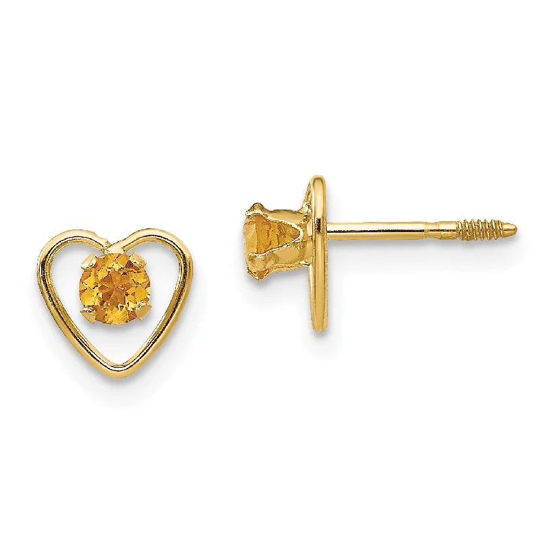 Women geometric earrings -14KT Yellow Gold 3MM Round Citrine 6MM Heart Childrens Birthstone Earrings