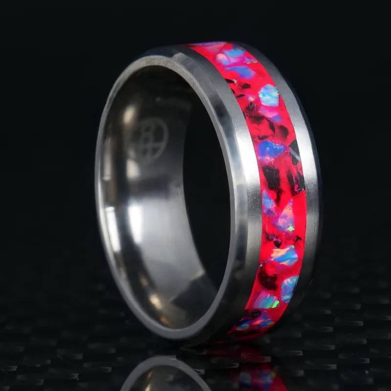 Women double band rings -Cotton Candy Opal Glowstone Ring on Titanium