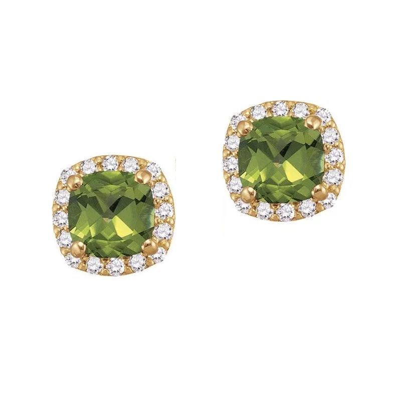 Women minimalist earrings -5MM Cushion Peridot and White Sapphire Birthstone Halo Stud Earrings in 10KT Yellow Gold